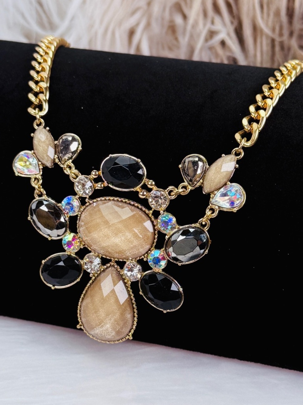 Gorgeous goldtone, vintage multicolored bling costume statement necklace